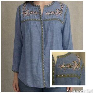 St Johns Bay Cottagecore Embroidered Chambray Blouse Blue Floral M NWT